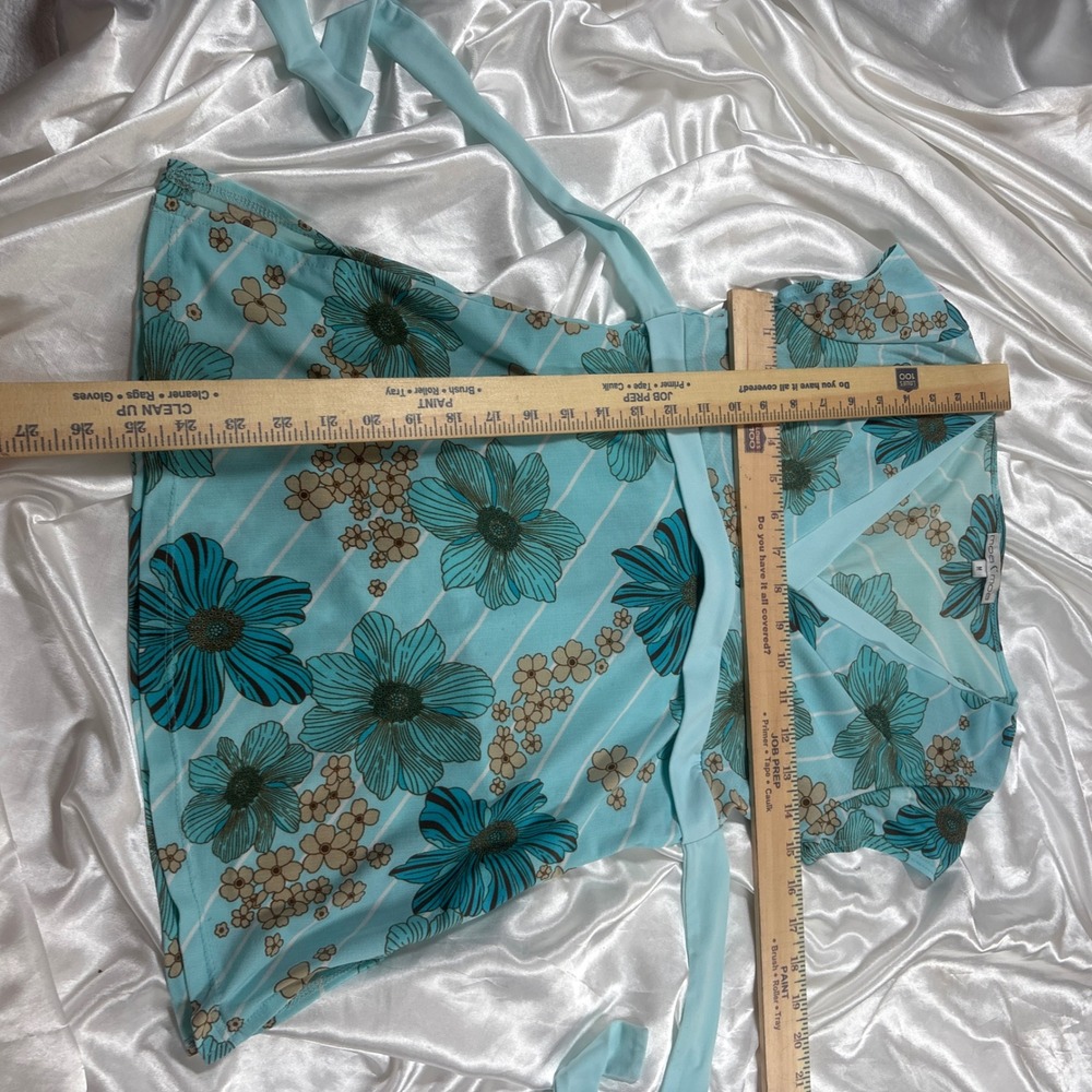 y2k Blouse Aqua Blue Excellent Moa Moa Floral Tie Waist Surplice Top M - Picture 5 of 5